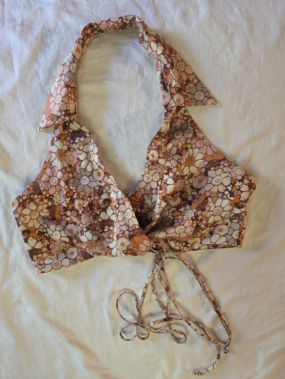 Stella Laguna Beach 70s Retro Floral Halter Neck Crop Top M Wrap Waist